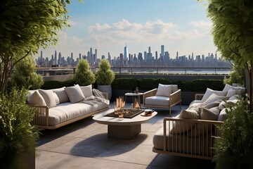 A serene rooftop garden retreat with comfortable seating, a cascading water feature, and panoramic...