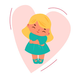 Love yourself. cute girl hugging herself. Taking care of yourself, accepting yourself. Vector illustration.