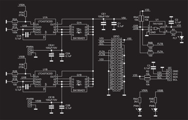 Schematic diagram of electronic device. 
Vector drawing electrical circuit with 
integrated circuit, resistor, capacitor, 
led, connector and other components.