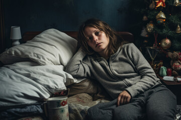 Young woman lying on bed in abandoned room, feeling sad, worried, suffering from mental health depression, divorce, break up. Emotion, crisis, poverty, health problems addiction. Sad Christmas