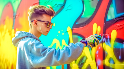 tenager spray-painted graffiti on the wall on city street