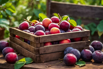 Ripe plums collected in a wooden box in the garden