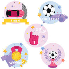 Big set withsport stickers. Cute details for your design, phrases and quotes about training, motivation, self support and development. Perfect for social media, web, typographic design.