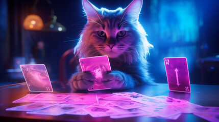 A cat that predicts the future. Neon cyber atmosphere - obrazy, fototapety, plakaty