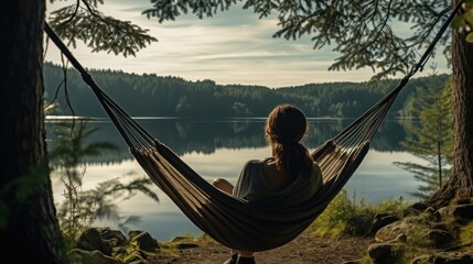  Serene woman enjoying the tranquil beauty of a forest lake from a hammock during a camping adventure