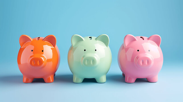 3 cerdos hucha sobre fondo azul