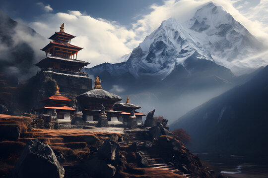 Himalaya temple, big mountains, buddhist temple, spirituality, church, sacret place