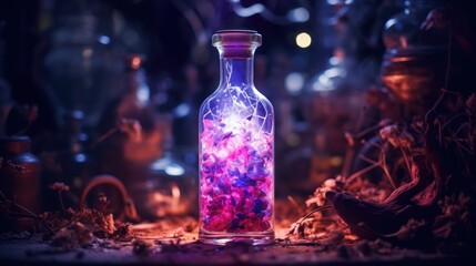 A close-up view of a vibrant bottle filled with a concoction of various magical ingredients, radiating with sparkling pink and purple hues - Powered by Adobe