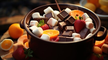 A close-up of a pot of melted chocolate with skewered fruit and marshmallows for dipping.