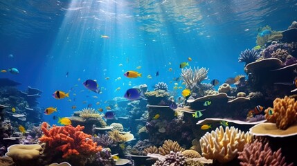 A colorful and diverse array of marine life swimming in a spacious aquarium.