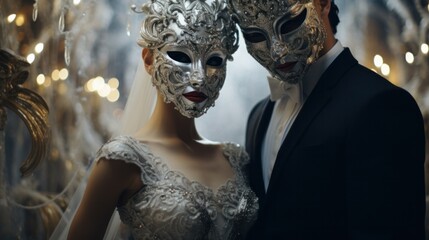 A couple dressed in elaborate masks and fancy attire at a masquerade ball, embracing and smiling.