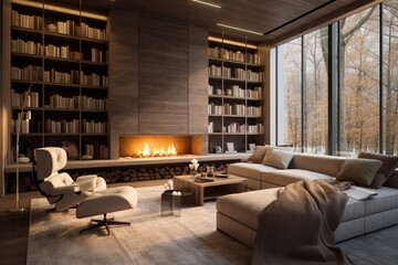 A sleek home library with floor-to-ceiling shelves, a cozy fireplace, and comfortable reading chairs for quiet contemplation.