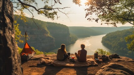 A couple enjoying their outdoor adventure at a picturesque Tennessee campsite perched on a cliff overlooking a river gorge. - obrazy, fototapety, plakaty