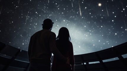 A couple gazing at the stars inside a planetarium. - obrazy, fototapety, plakaty