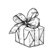 Hand drawn sketch gift box with bow and ribbon. Best for birthday, festive events designs. Vector illustration on white. - obrazy, fototapety, plakaty