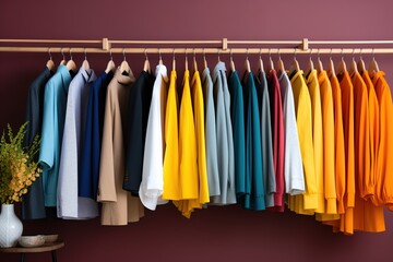 Shoping sale background theme. clothes on hanger in shop. Multicolored clothes on the shelves