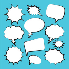 Comic speech bubbles. Outline, hand drawn retro cartoon stickers on blue background. Chatting and communication, dialog elements. Pop art style. Vector illustration