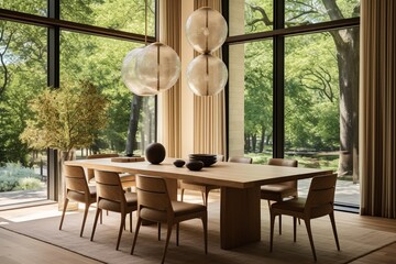 A sophisticated dining area adorned with a white oak table set against large windows, seamlessly connecting the indoors with nature's beauty.