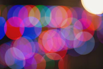 Abstract bokeh night in city background. New Year blurry walpaper. huge garland on the eve of the new year. blur of Christmas wallpaper decorations concept.holiday festival backdrop