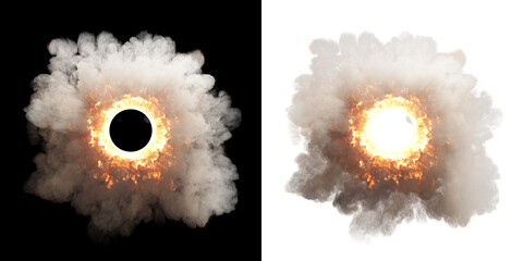 Dense Smoke Ring with Fiery Edges: Dense smoke encircling a fiery ring, set against an alpha transparent and black background © Quardia Inc.
