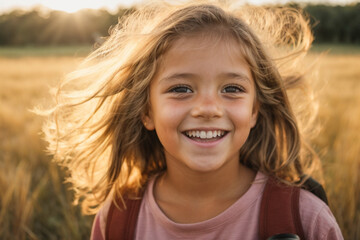 Portrait of a happy girl in the field,on meadow in summer at dusk, the girl has a shocked expression, eyes and mouth wide open.