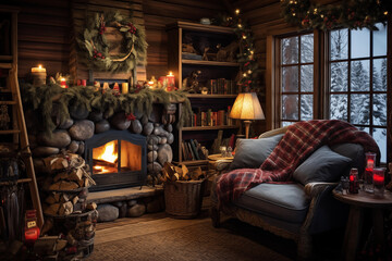 Obraz na płótnie Canvas Cozy Cabin Retreat with Fireplace, Blankets on Couch, Bookshelf, and Festive Christmas Decorations, Bathed in Daytime Warmth