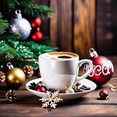 Coffee cup with Christmas ornaments and decoration on table with kitchen blurred background