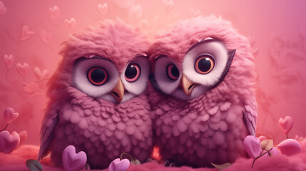 Obraz premium Two purple owls in love. Valentine's Day concept