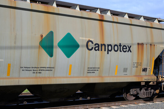 Everett, WA, USA - November 11, 2023; Bulk railcar of Canadian Potash raw material with brand name Canpotex