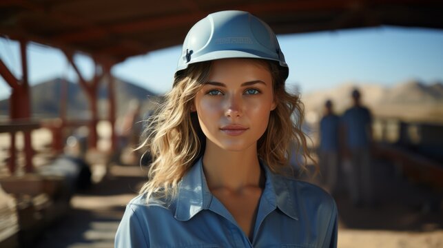 Blond Engineer Woman, In Blue Shirt. Her Hair Is Tied Back Wearing A Hard Hat