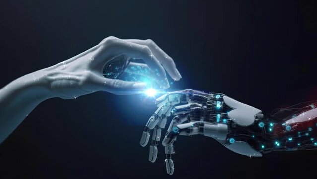 concept of AI helping people, cooperation at work with modern futuristic background, ai generated