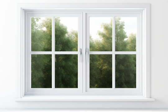 Fototapeta White window with summer trees view.