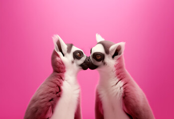 Two animals are kissing on a pink background. Valentine's Day concept.