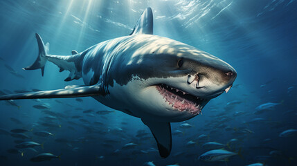underwater on blue ocean background. Ocean shark bottom view from below. Open toothy. generative ai