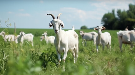 Obraz na płótnie Canvas Domestic goats graze in the field in summer. generative ai