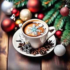 Coffee cup with Christmas ornaments and decoration on table with kitchen blurred background