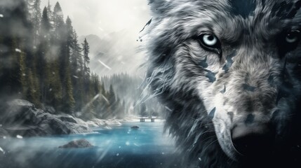 Landscape mountain forest river with smooth contrasted portrait of a scary blue eyed wolf, snow field