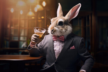 Easter Bunny Dressed in a Suit Having a Drink in Bar - obrazy, fototapety, plakaty