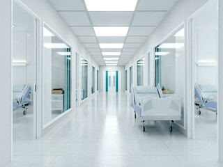 Naklejka na ściany i meble Empty corridor in modern hospital with hospital bed.3d rendering