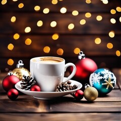 Coffee cup with Christmas ornaments and decoration on table with kitchen blurred background