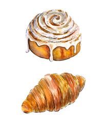 Hand drawn watercolor isolated cinnamon roll and a croissant. Watercolor bakery sketch.