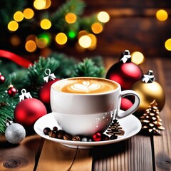 Obraz premium Coffee cup with Christmas ornaments and decoration on table with kitchen blurred background