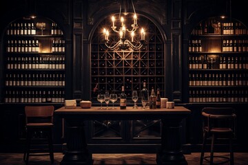 A sophisticated wine cellar showcasing an extensive collection, with dim lighting highlighting the labels on aged bottles. - obrazy, fototapety, plakaty
