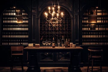 Fotobehang A sophisticated wine cellar showcasing an extensive collection, with dim lighting highlighting the labels on aged bottles. © UMR