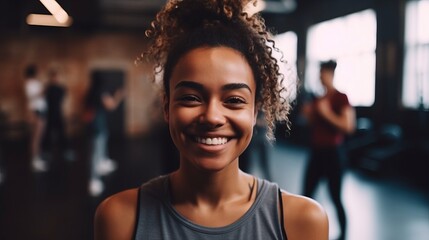 Young woman smiling at the camera while standing in a yoga studio. Having a workout session with her class in a fitness studio. Sport concept. Fitness concept. Health concept. People concept. - obrazy, fototapety, plakaty
