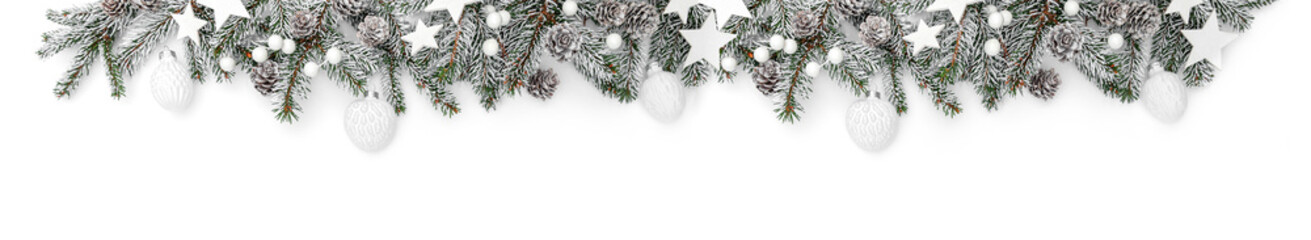Fototapeta na wymiar Merry Christmas garland made of snowy fir branches, white decoration, sparkles and confetti on white background. Happy New Year and Xmas, top view, wide banner