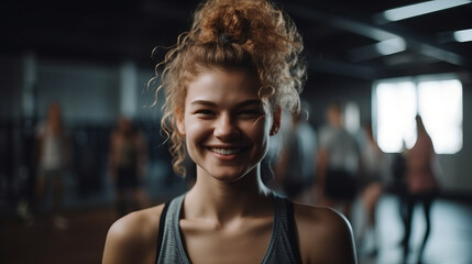 Young woman smiling at the camera while standing in a yoga studio. Having a workout session with her class in a fitness studio. Sport concept. Fitness concept. Health concept. People concept.