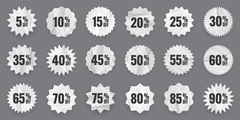 Obraz premium Crumpled paper price tags. Special offer or shopping discount label with percent, discount percentage value. Retail sticker with cardboard texture. Promotional sale badge. Vector illustration
