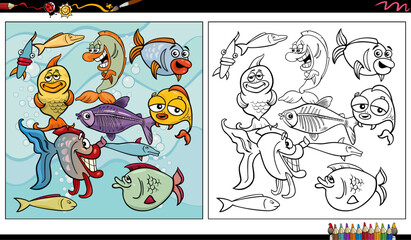 cartoon fish marine animal characters group coloring page