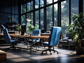 Modern office with plants for a refreshing and productive workspace. eco-friendly open plan modern office space enriched with lush greenery, seamlessly merging nature and work in a harmonious setting.